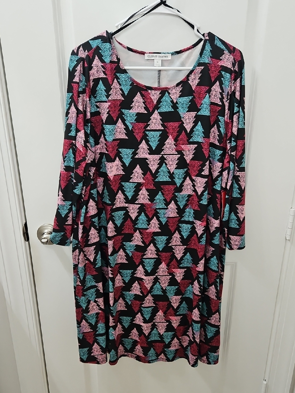 Holiday Tree Print Long Sleeve Dress - Pink, Teal, Black